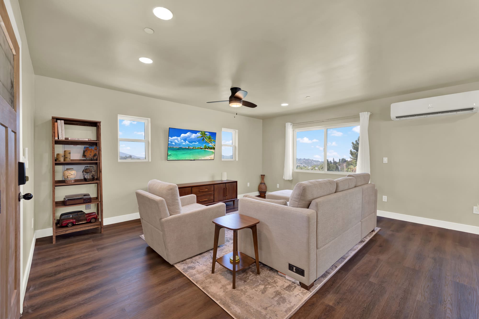 The living room. Ductless mini-splits handle heating and cooling — no ductwork to route through a build this size, and the bedroom sets its own temperature.